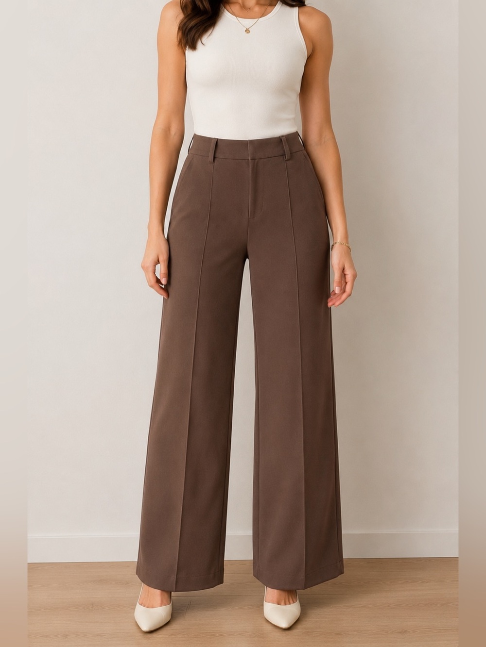Halara High Waisted Wide Leg Work Pants Brown Pull-On Office Career Pants Medium